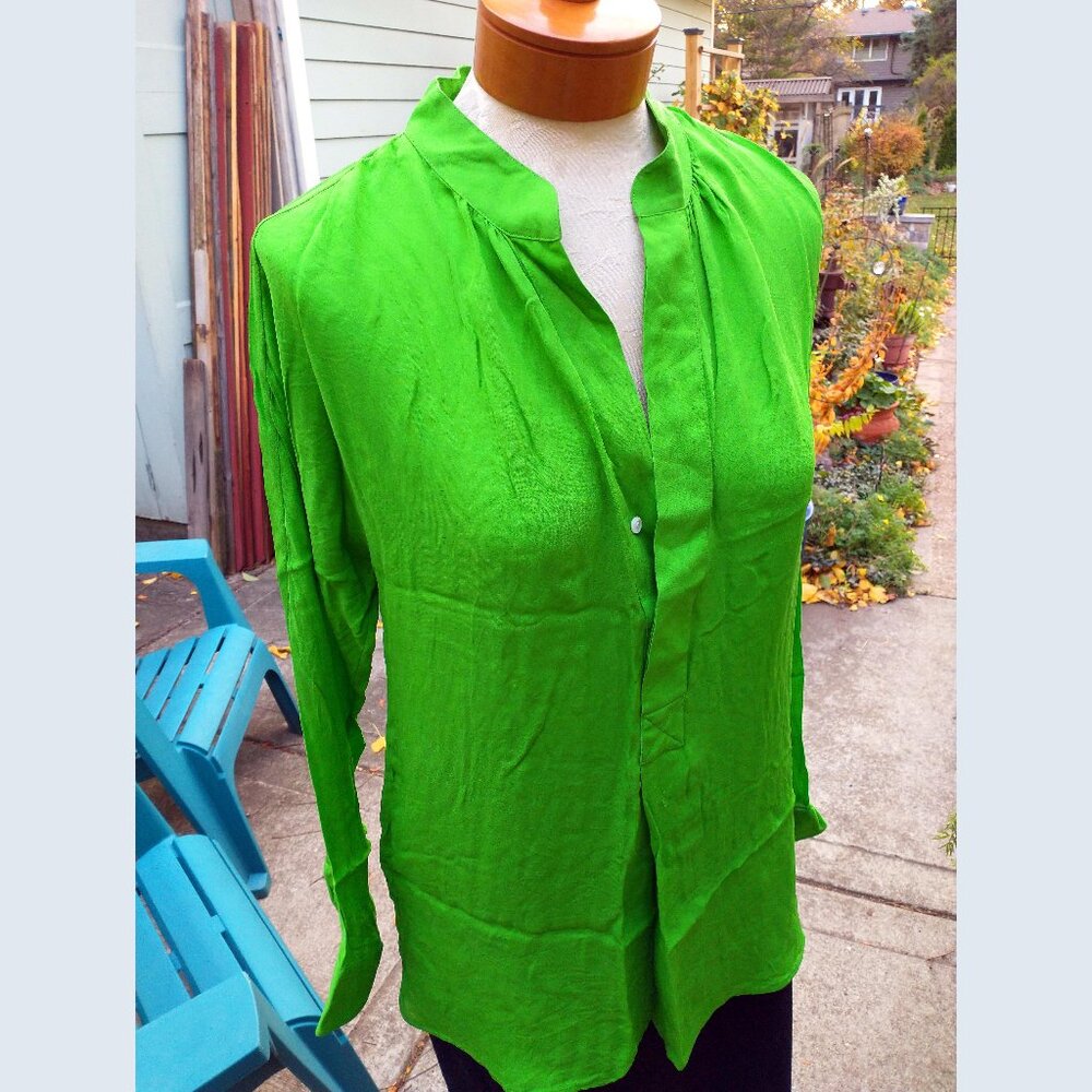Blouse: Silk, neon green, split neck, long sleeve. Size large - by Ralph Lauren